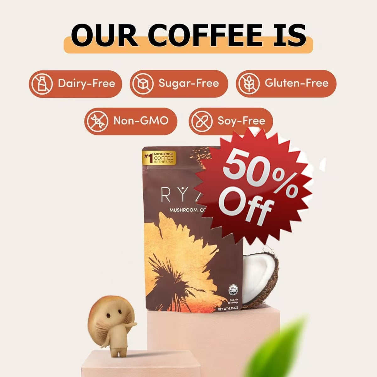 RYZE SUPERFOODS Mushroom Medium Roast Coffee Starter Kit, USDA Organic Instant Coffee with 6 Adaptogenic Mushrooms and for Energy, Focus, Digestion, Immunity with Lions Mane & Turkey Tail 30 Serving