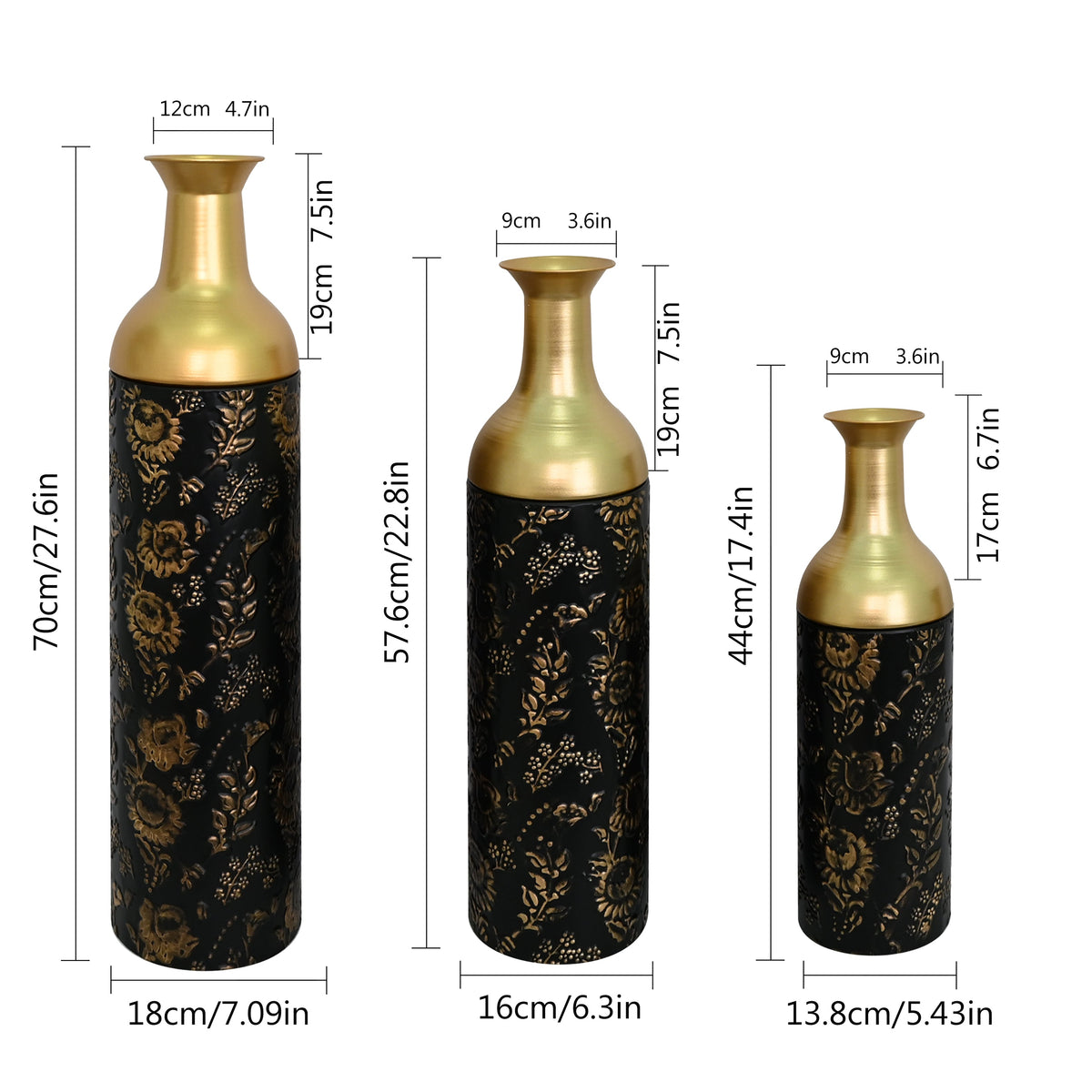Decorative Metal Vases Set of 3, Leaf Pattern Floor Vases
