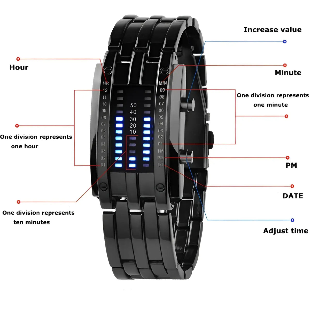 Binary Led Stainless Steel Waterproof Men Watch