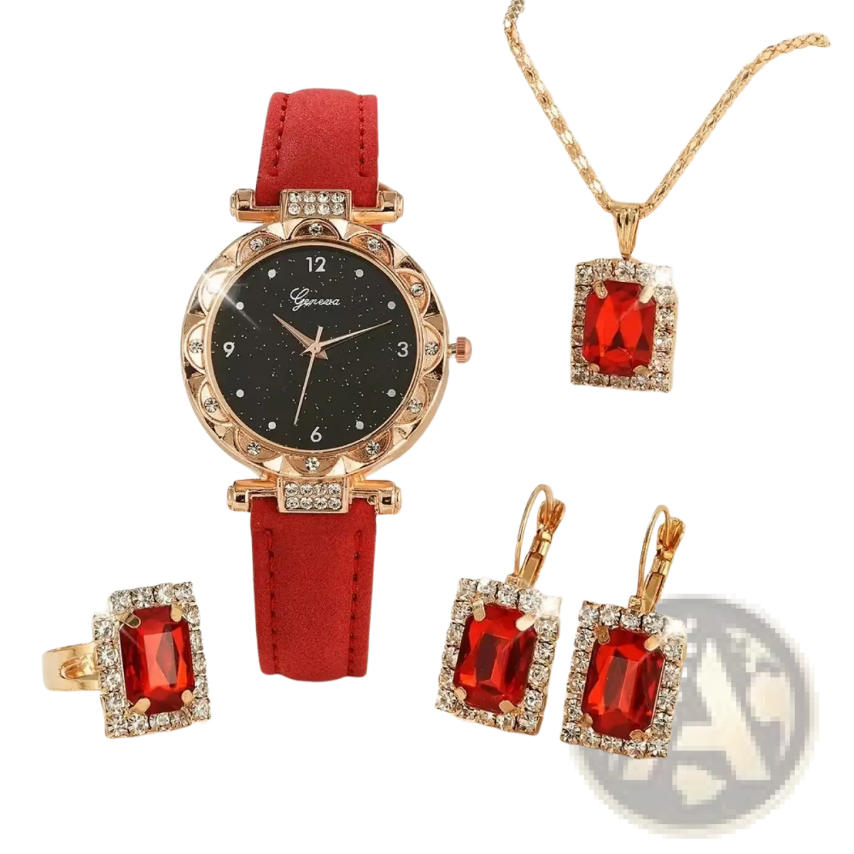 Black Leather Women Quartz Watch Set