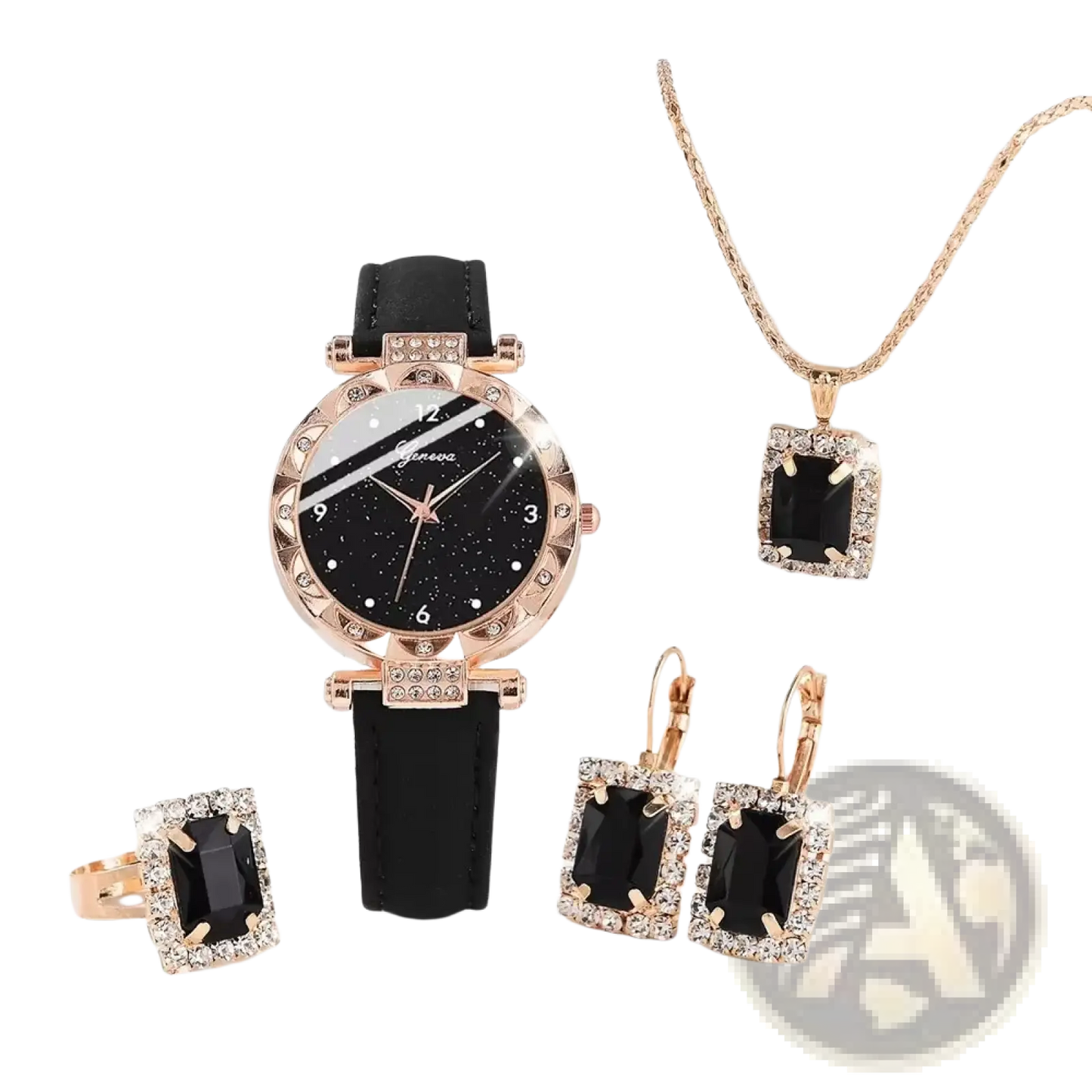 Black Leather Women Quartz Watch Set