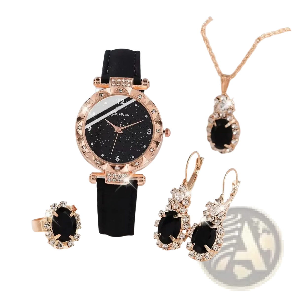 Black Leather Women Quartz Watch Set