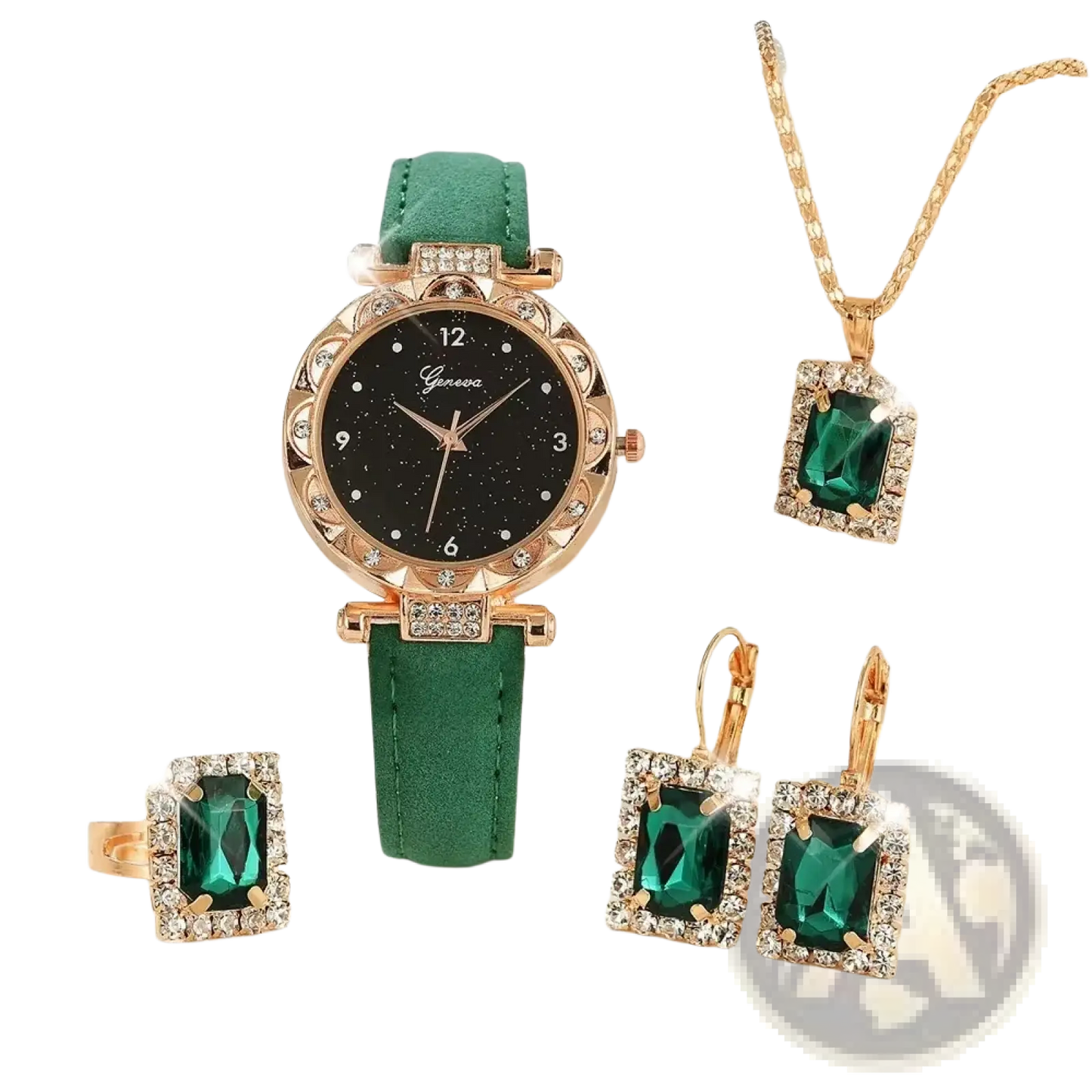 Black Leather Women Quartz Watch Set