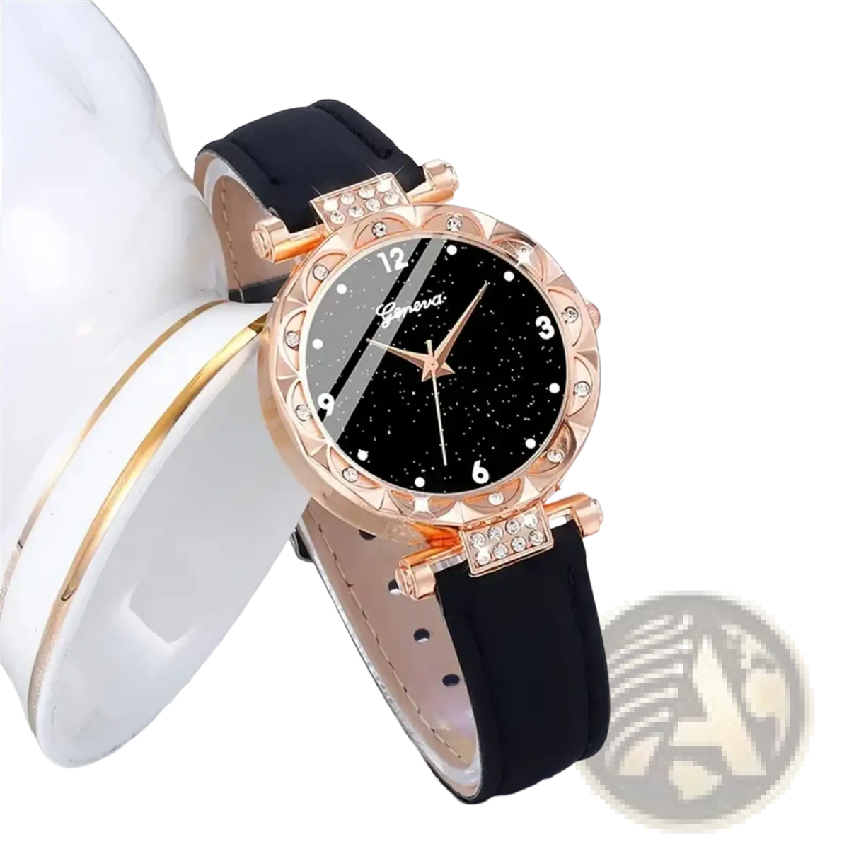 Black Leather Women Quartz Watch Set