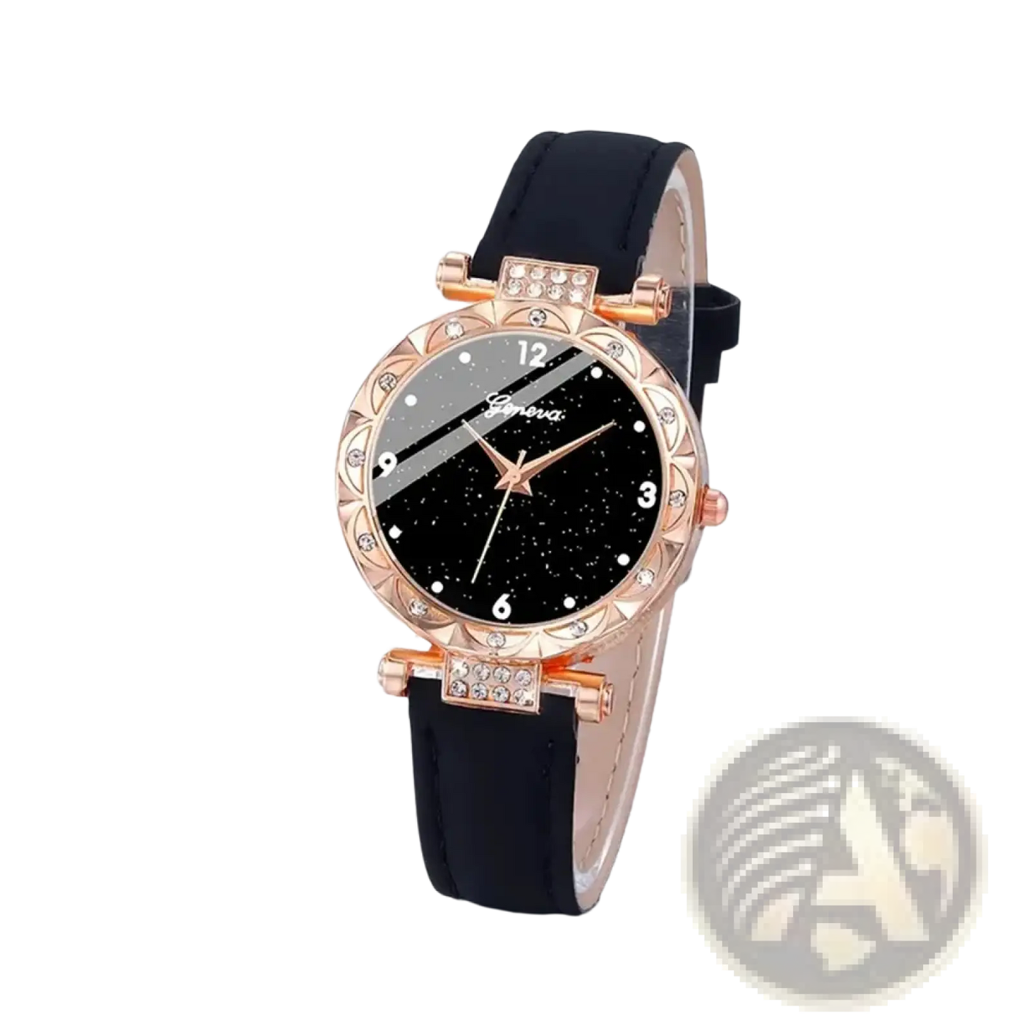 Black Leather Women Quartz Watch Set