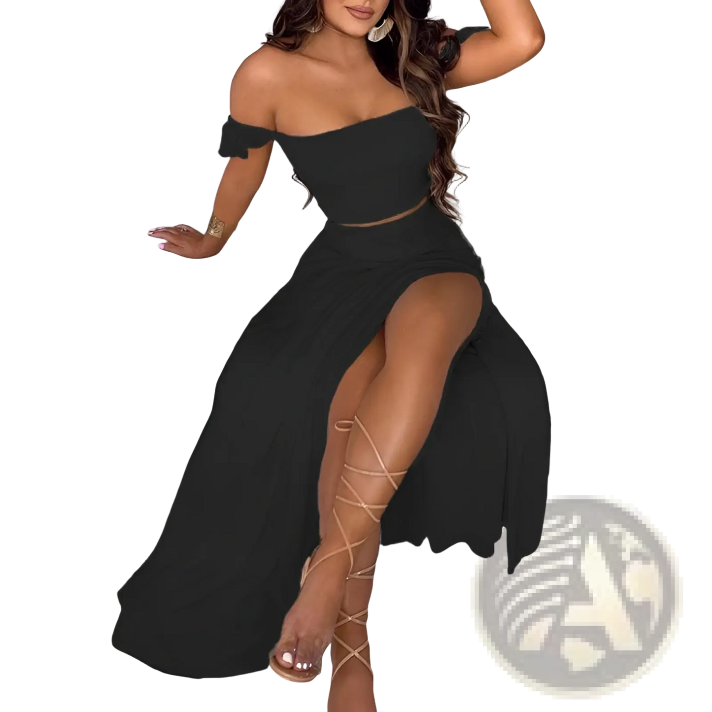 Bohemian Off-shoulder High Slit Two-piece Maxi Dress