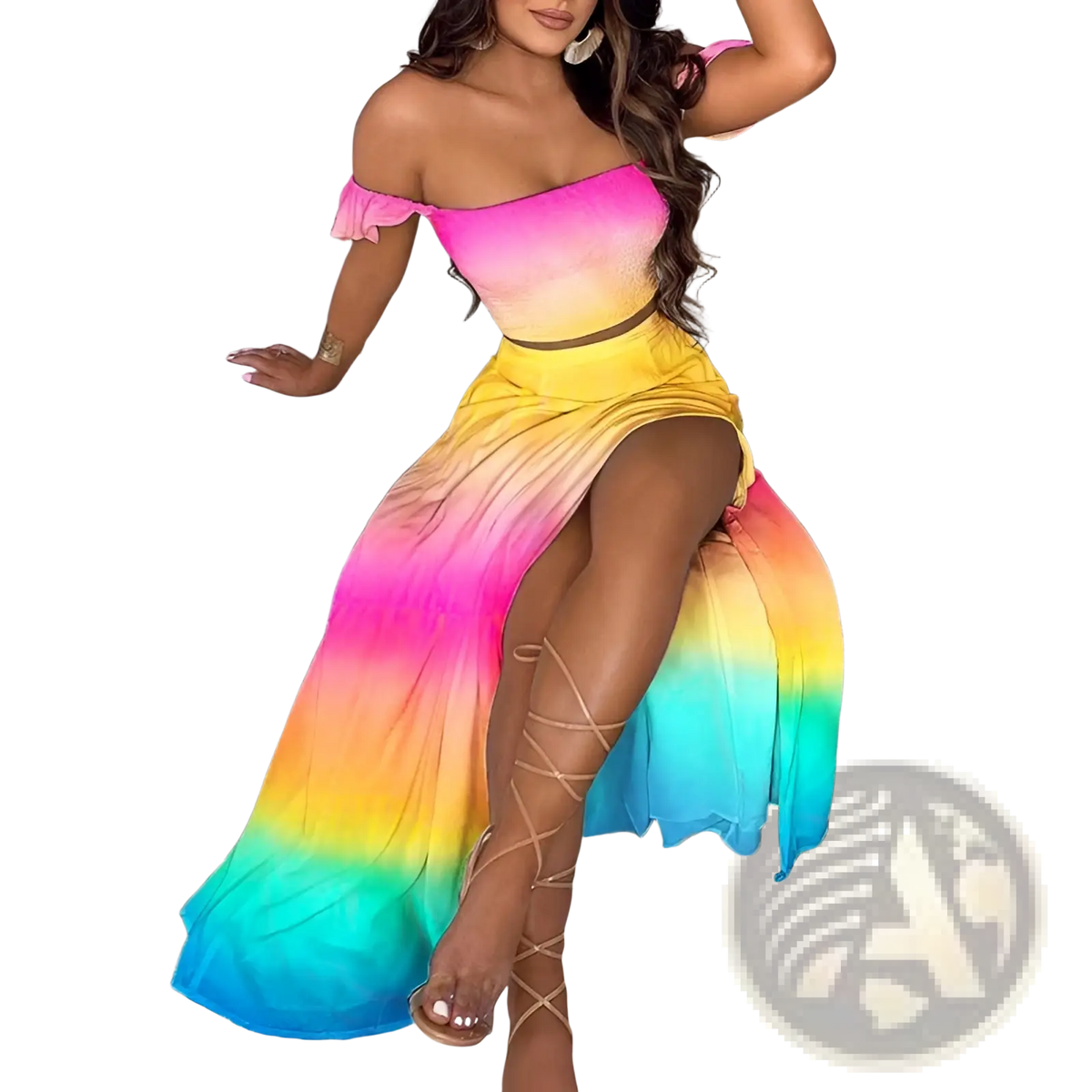 Bohemian Off-shoulder High Slit Two-piece Maxi Dress