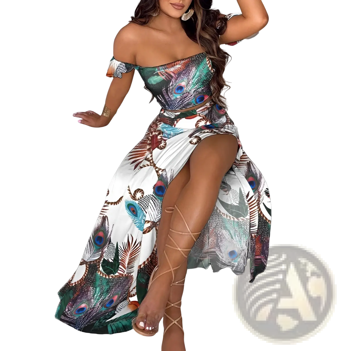 Bohemian Off-shoulder High Slit Two-piece Maxi Dress