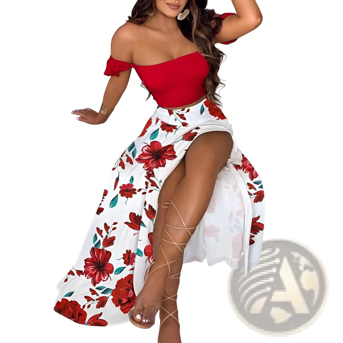 Bohemian Off-shoulder High Slit Two-piece Maxi Dress