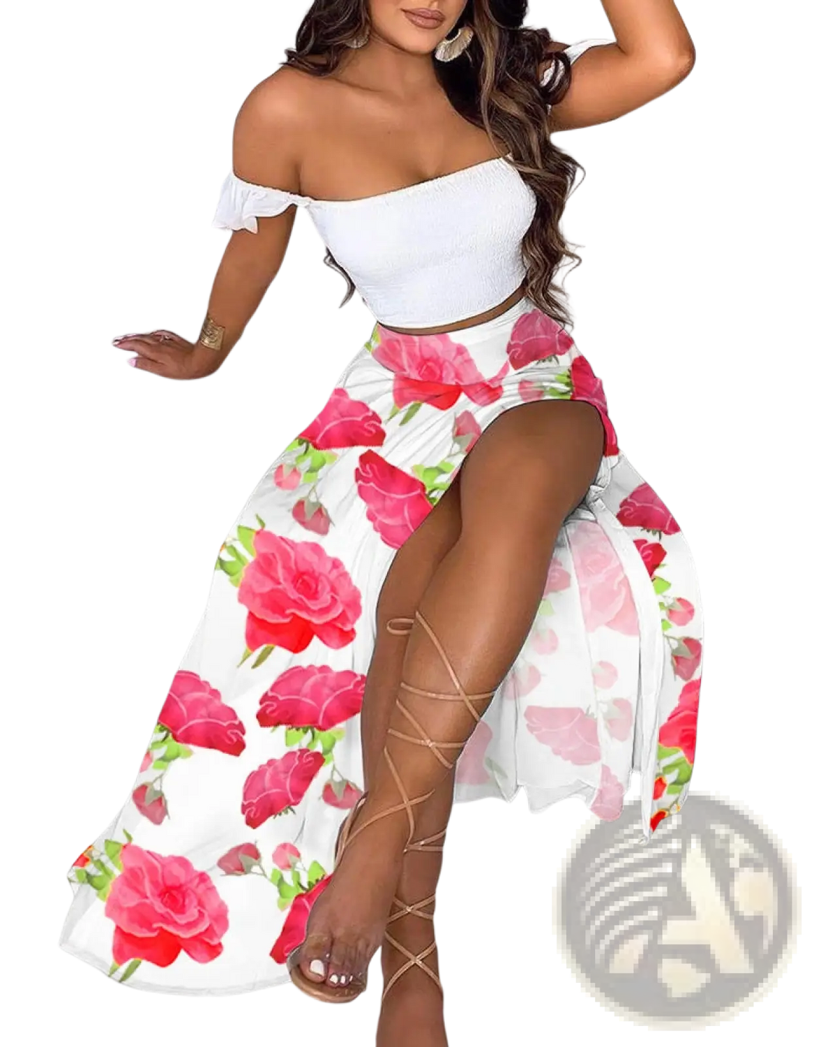 Bohemian Off-shoulder High Slit Two-piece Maxi Dress