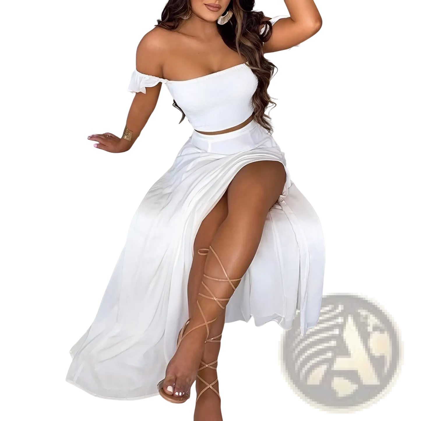 Bohemian Off-shoulder High Slit Two-piece Maxi Dress