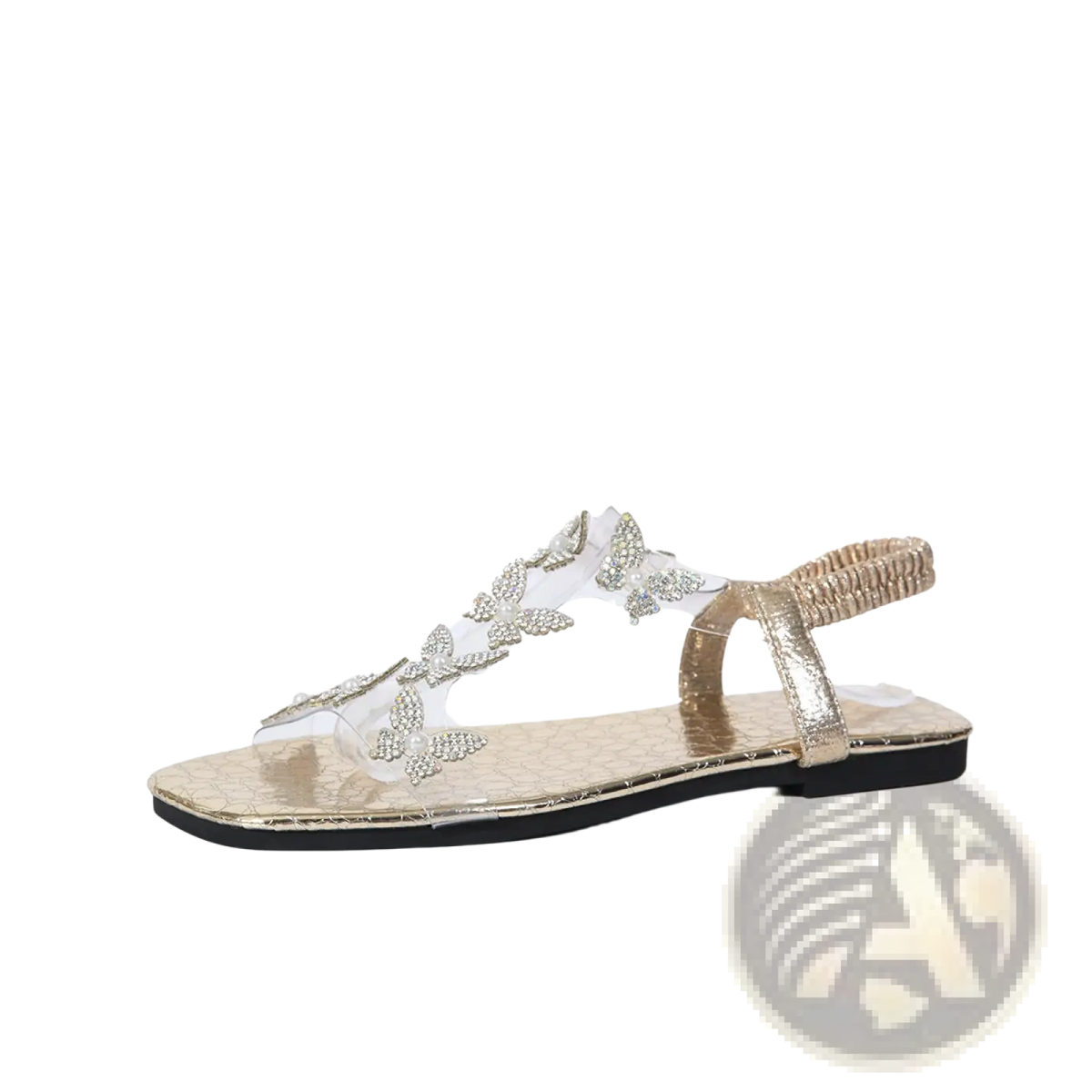 Butterfly Rhinestone Sandals Square Toe Flat Shoes