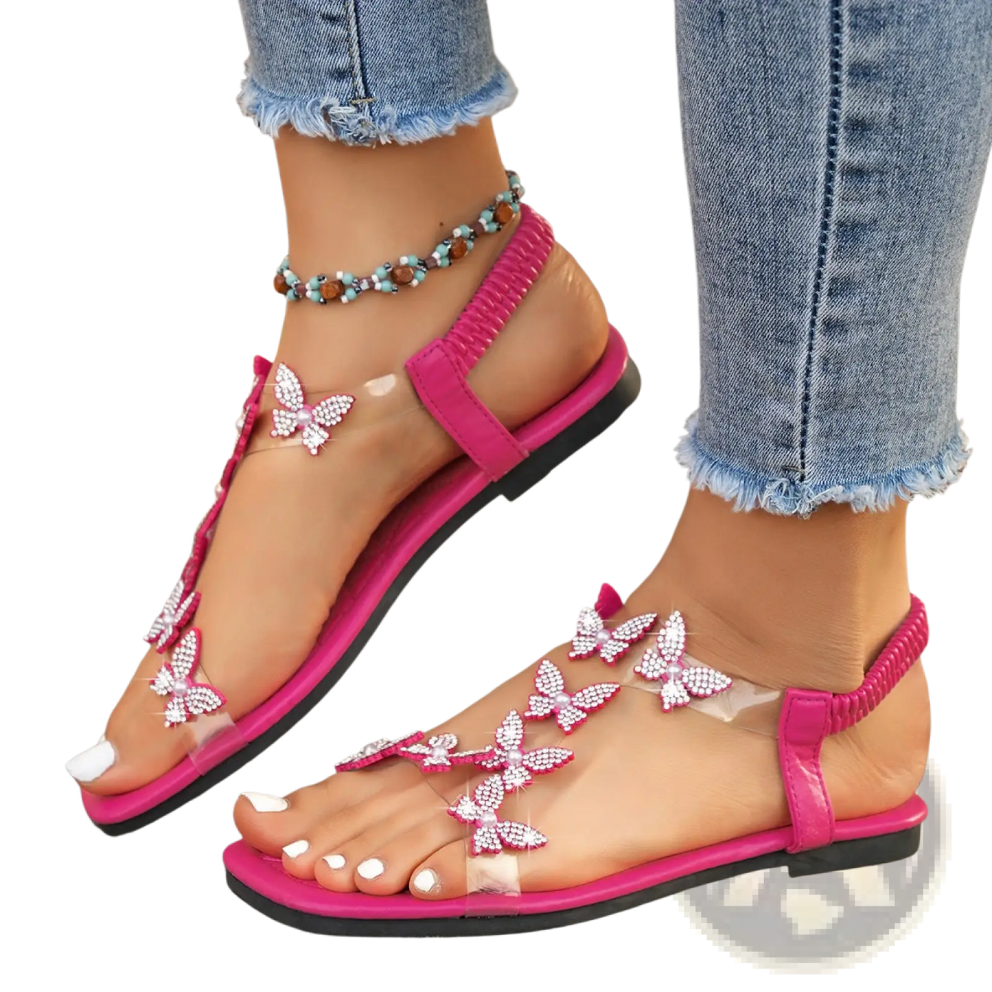 Butterfly Rhinestone Sandals Square Toe Flat Shoes