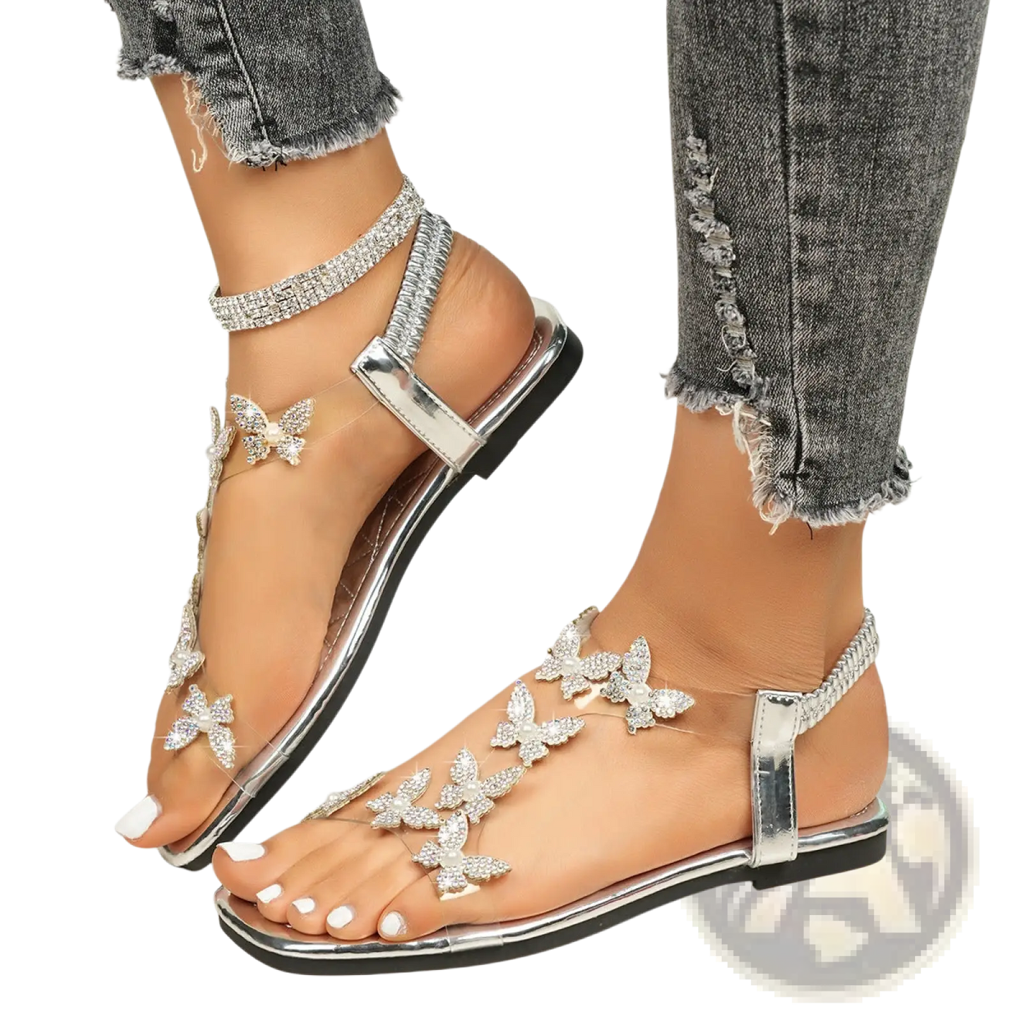 Butterfly Rhinestone Sandals Square Toe Flat Shoes