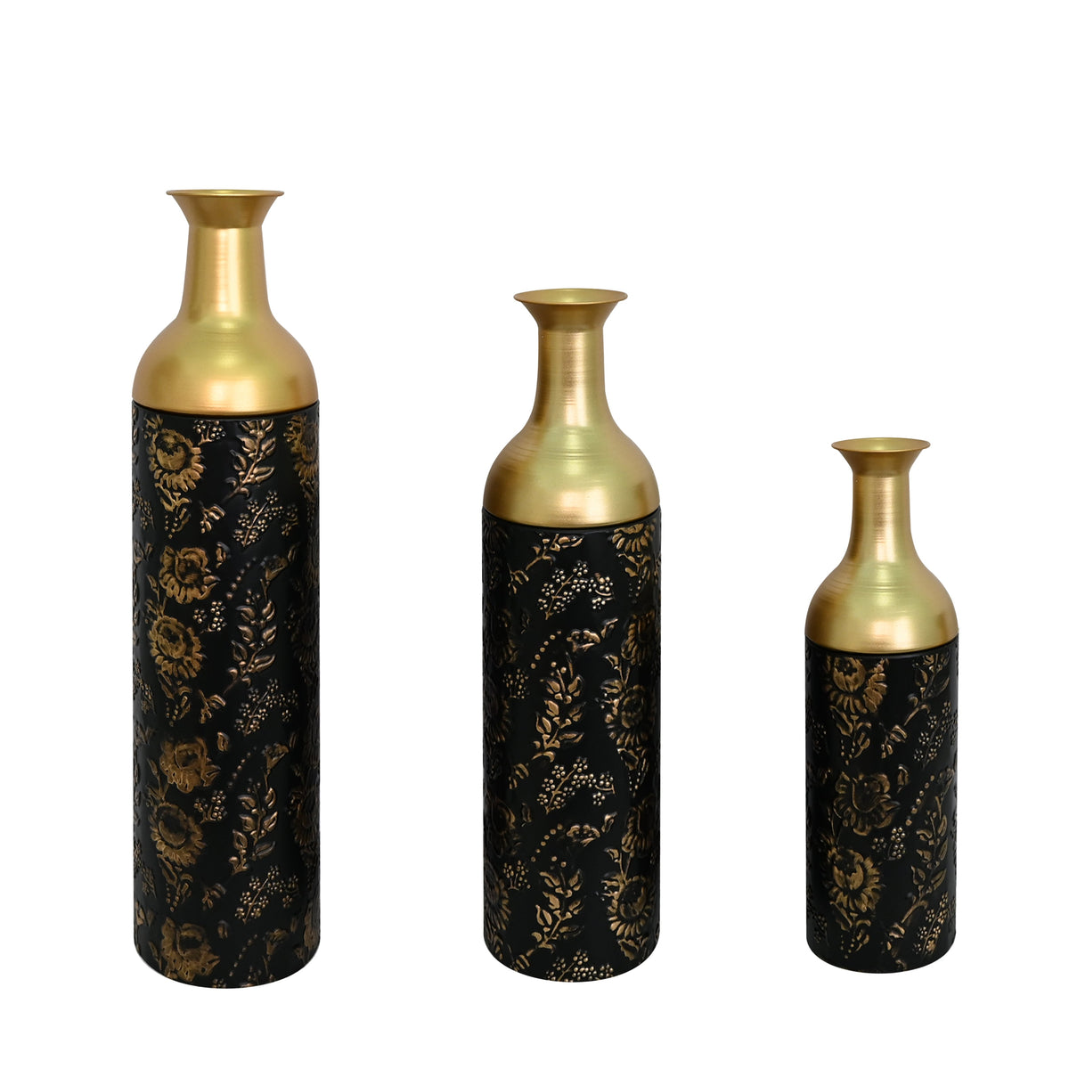 Decorative Metal Vases Set of 3, Leaf Pattern Floor Vases