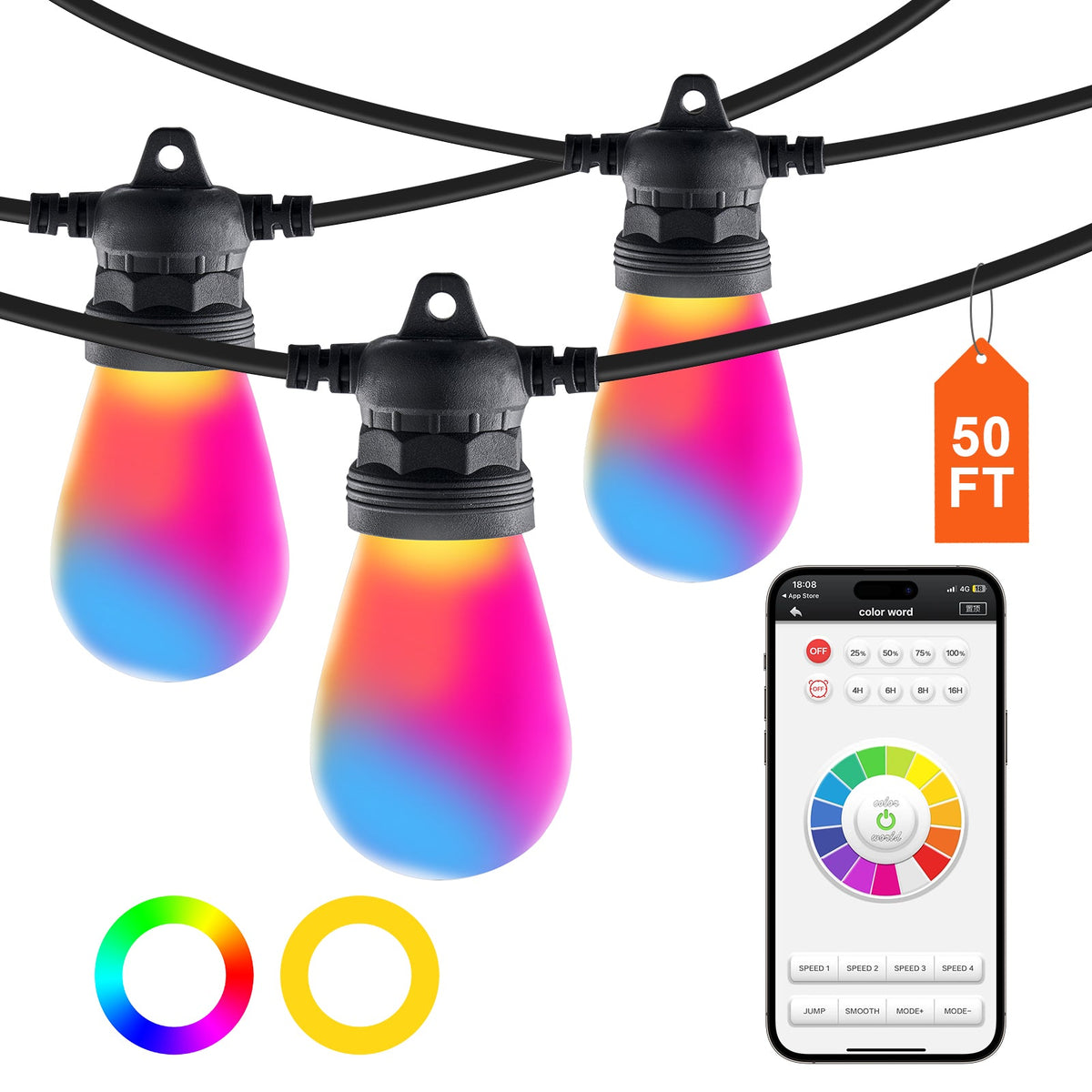 RGB Outdoor String Lights - 50FT Waterproof Patio Lights