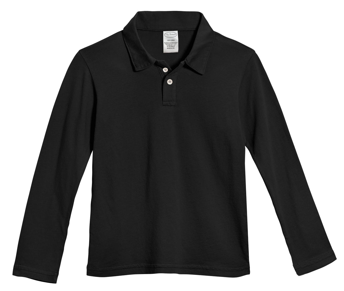 Boys Soft 100% Cotton Jersey 2-Button Long Sleeve Polo Shirt | Black