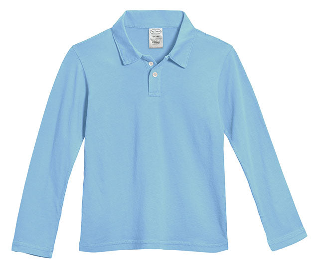 Boys Soft 100% Cotton Jersey 2-Button Long Sleeve Polo Shirt | Bright Light Blue