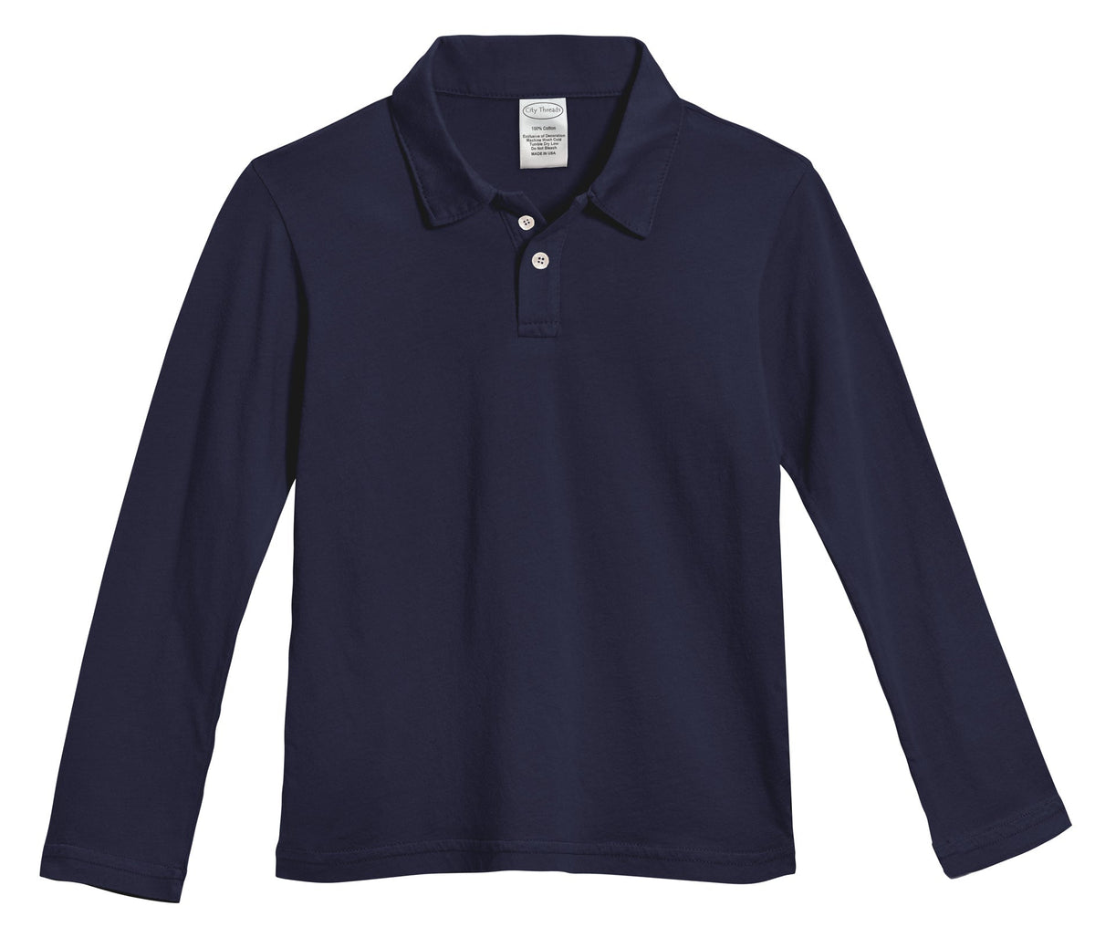 Boys Soft 100% Cotton Jersey 2-Button Long Sleeve Polo Shirt | Dark Navy