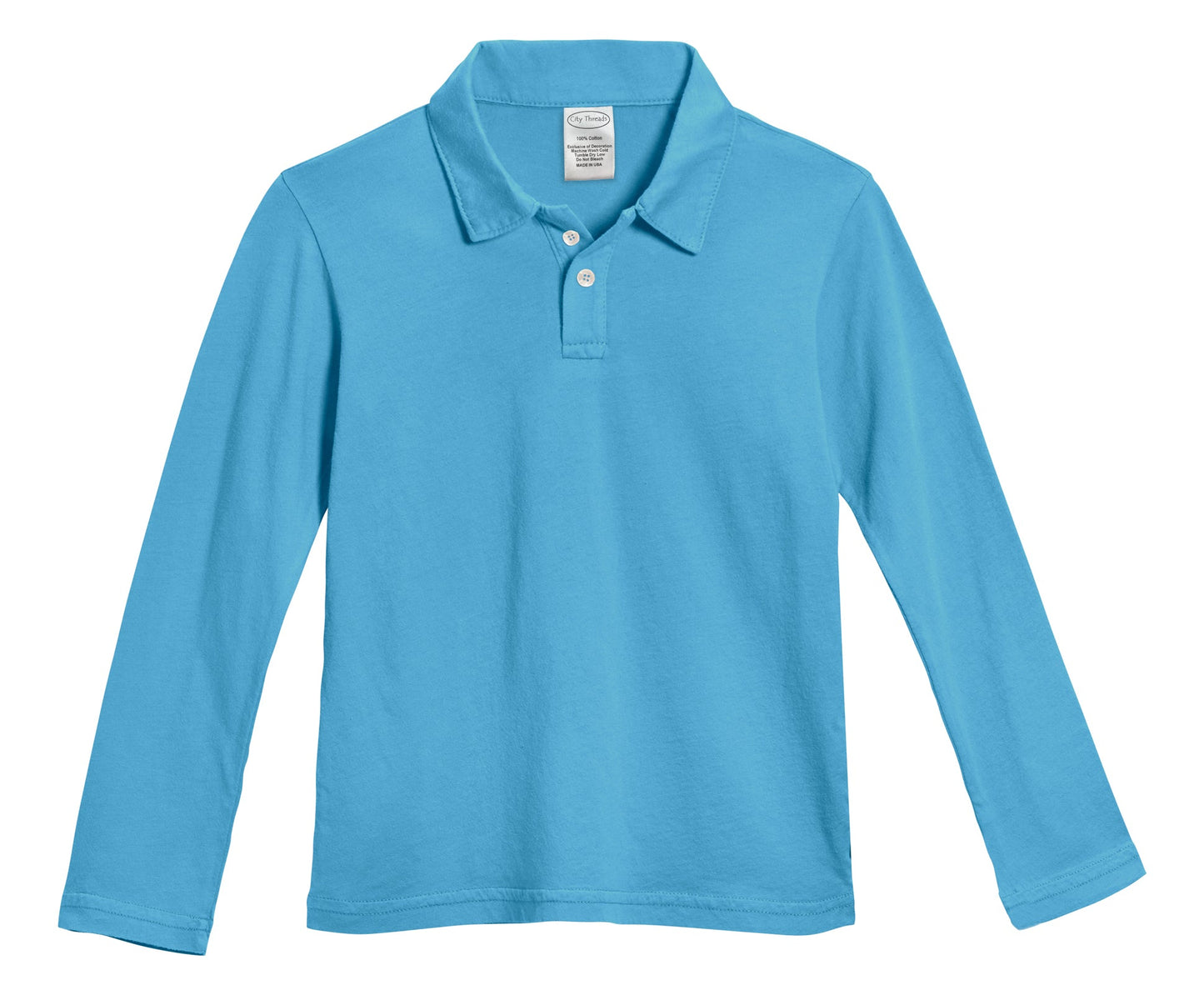Boys Soft 100% Cotton Jersey 2-Button Long Sleeve Polo Shirt | Sea