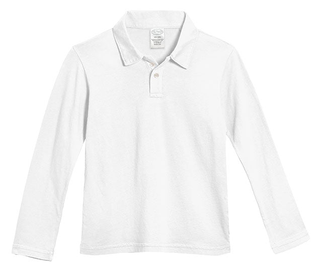 Boys Soft 100% Cotton Jersey 2-Button Long Sleeve Polo Shirt | White