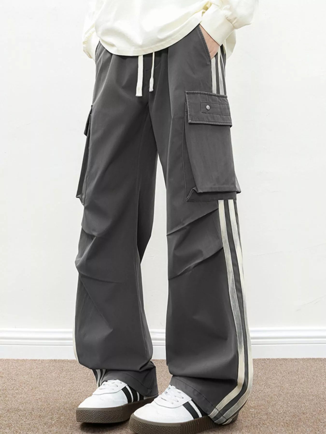 Men's Plus Size Casual Loose Cargo Pants with Side Stripes