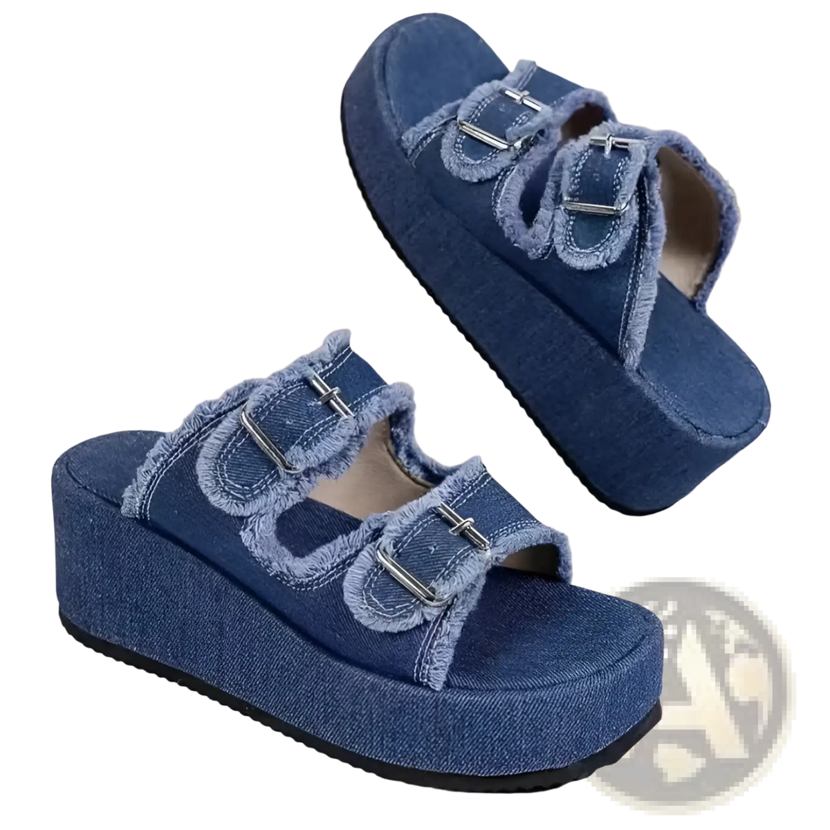 Denim Wedge Buckle Sandals Frayed Platform Shoes