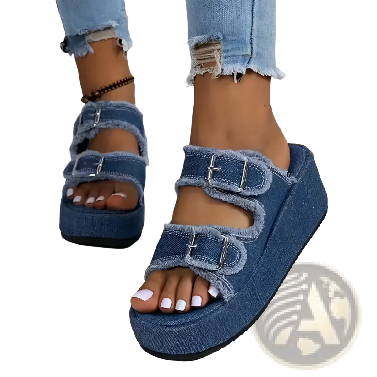 Denim Wedge Buckle Sandals Frayed Platform Shoes