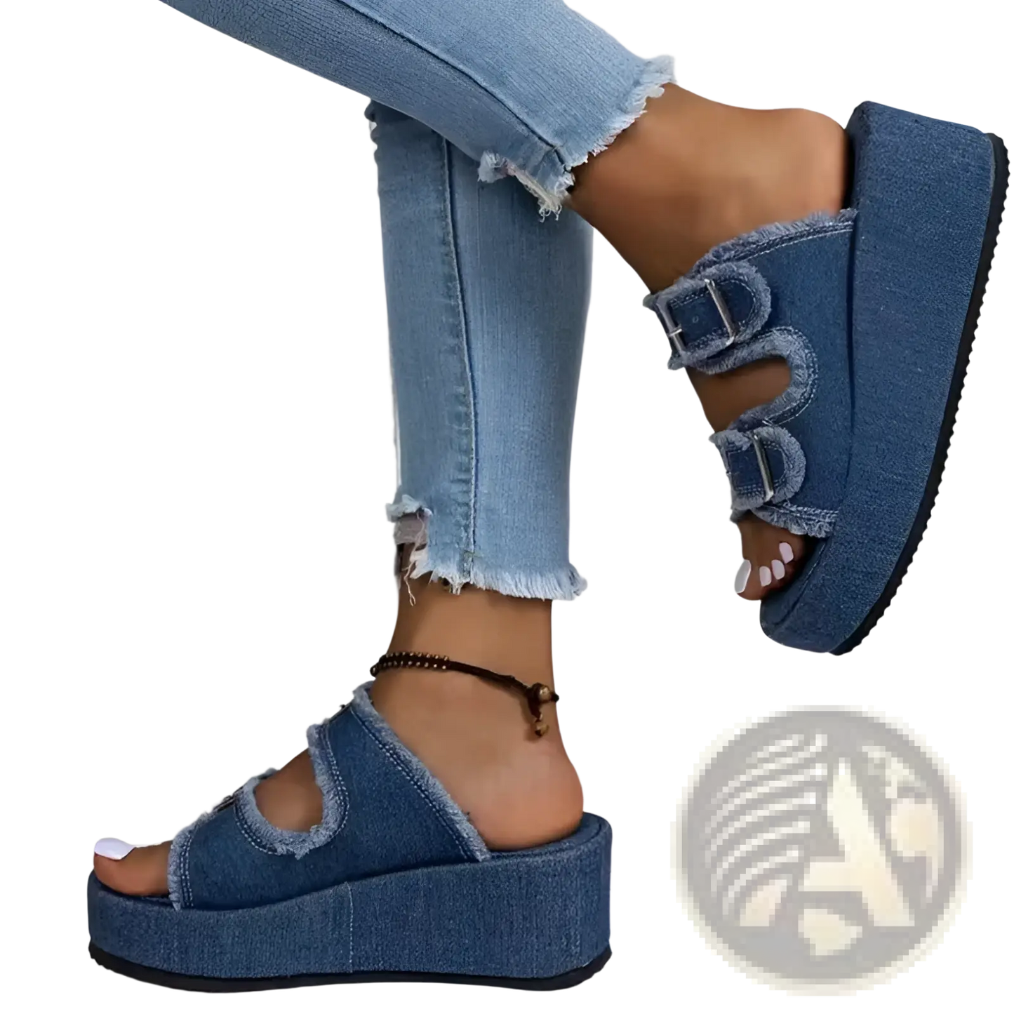 Denim Wedge Buckle Sandals Frayed Platform Shoes