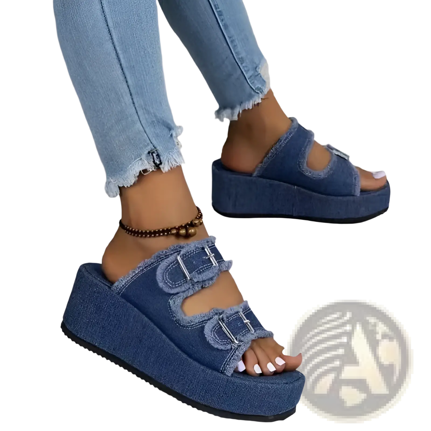 Denim Wedge Buckle Sandals Frayed Platform Shoes