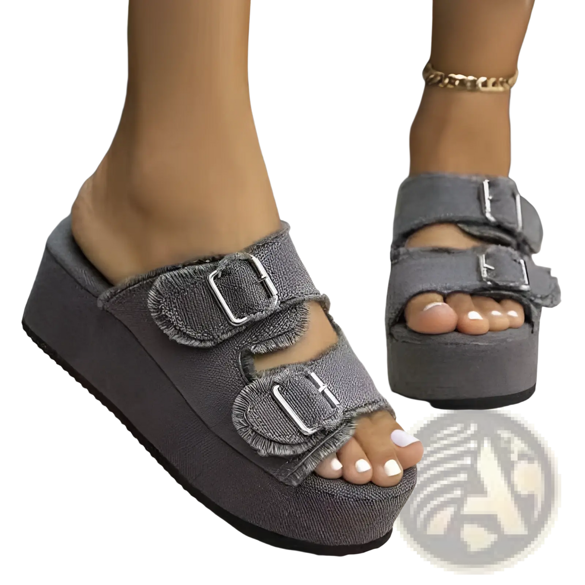 Denim Wedge Buckle Sandals Frayed Platform Shoes