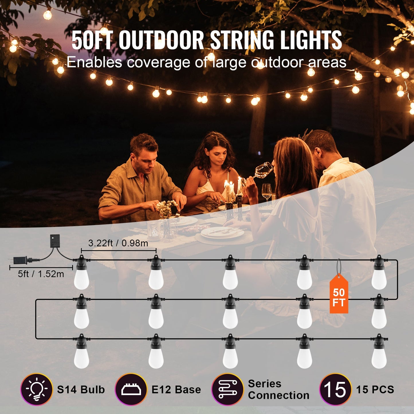 RGB Outdoor String Lights - 50FT Waterproof Patio Lights