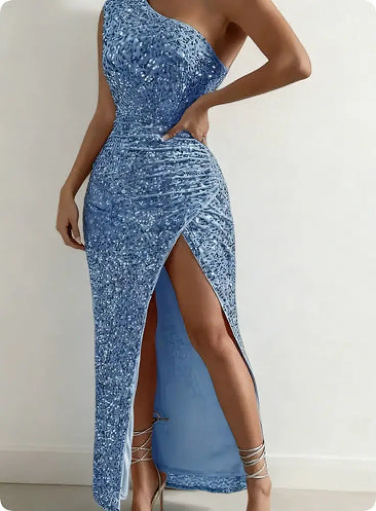 One Shoulder Sequined High Slit Maxi Dress