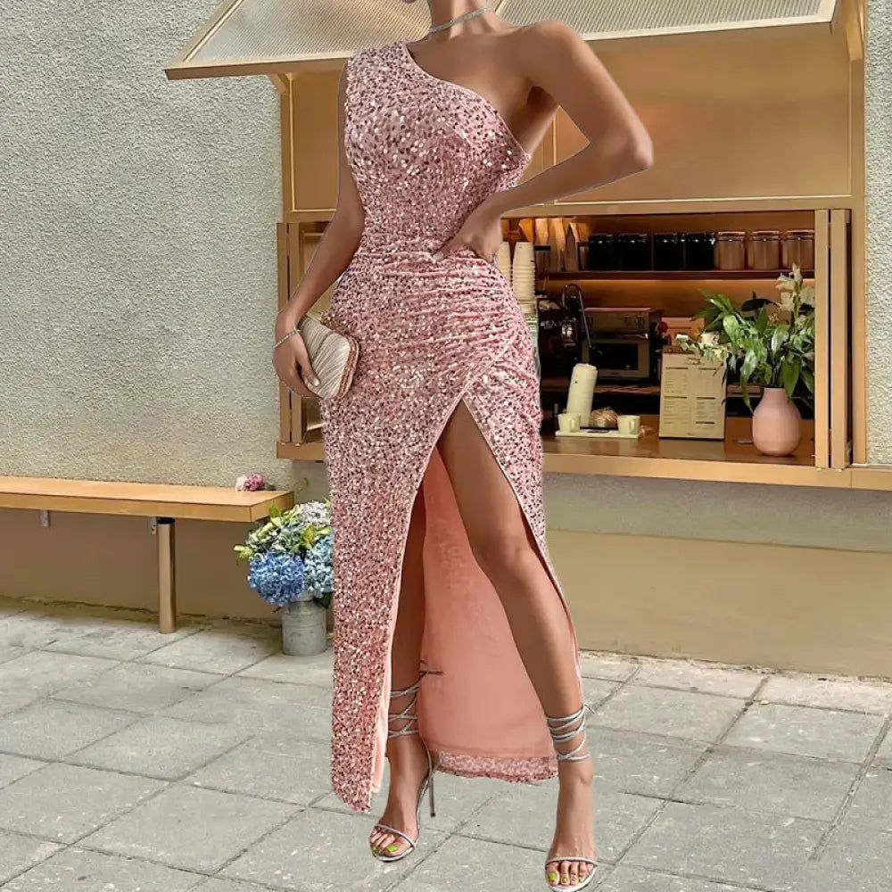 One Shoulder Sequined High Slit Maxi Dress