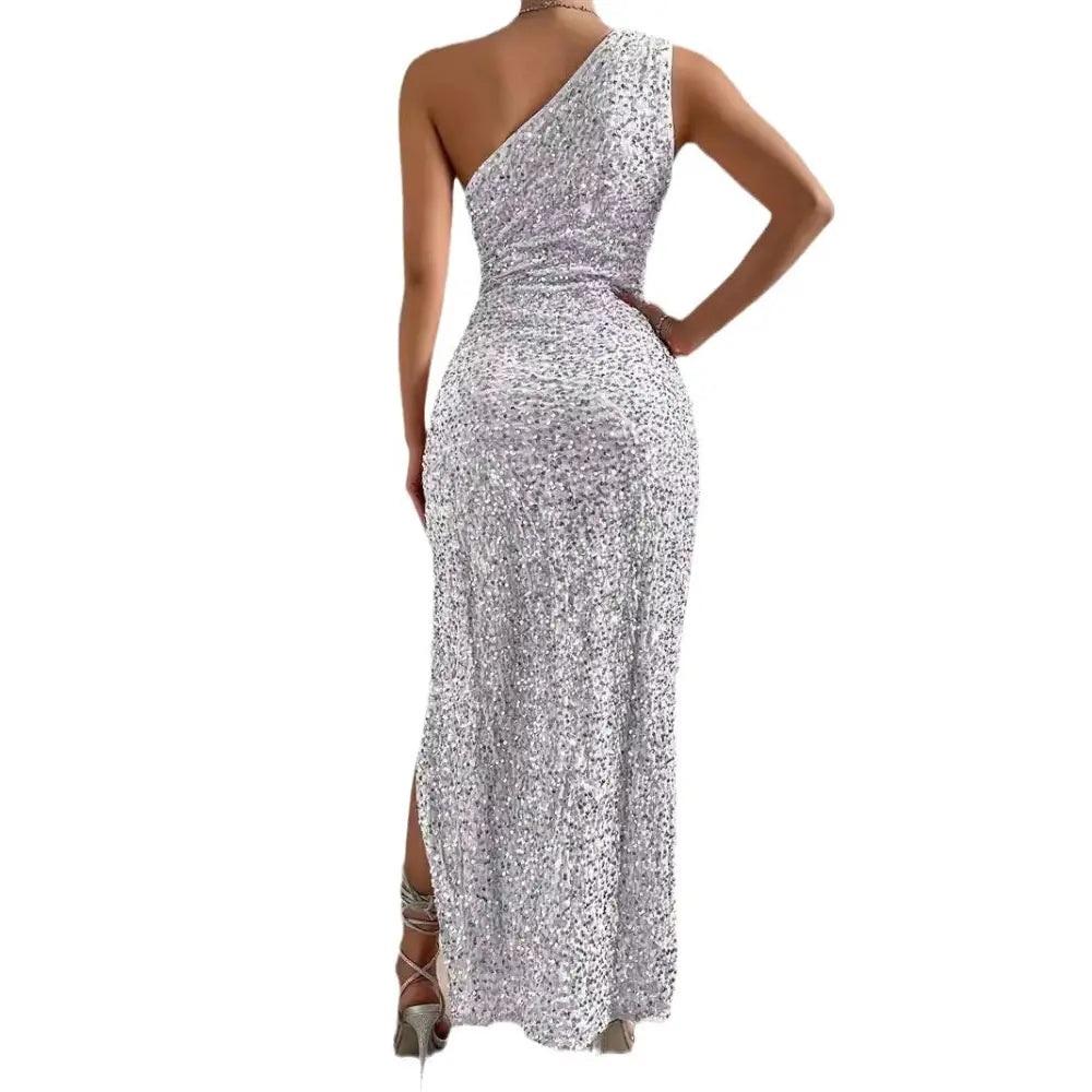 One Shoulder Sequined High Slit Maxi Dress