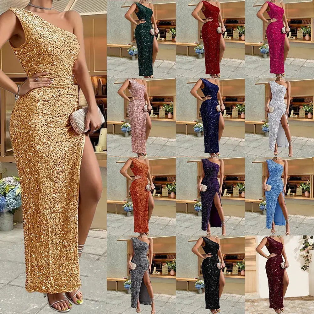 One Shoulder Sequined High Slit Maxi Dress