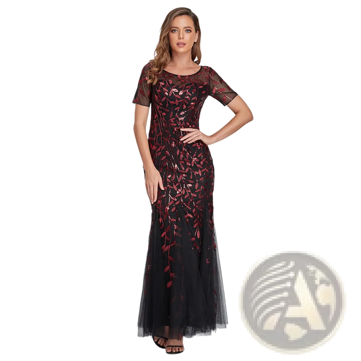 Embroidered Sequin Mermaid Evening Gown with Tulle Skirt