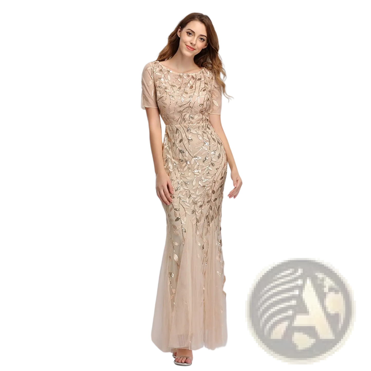 Embroidered Sequin Mermaid Evening Gown with Tulle Skirt