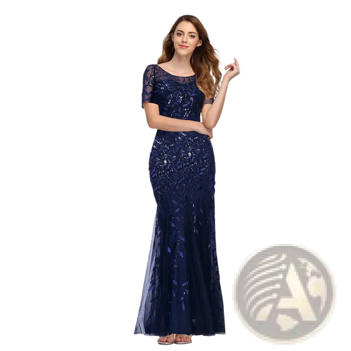 Embroidered Sequin Mermaid Evening Gown with Tulle Skirt
