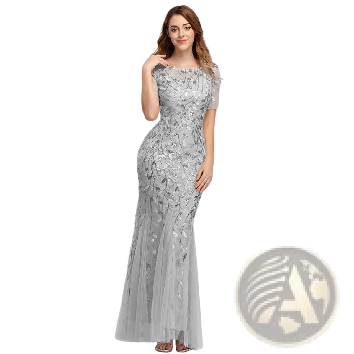 Embroidered Sequin Mermaid Evening Gown with Tulle Skirt