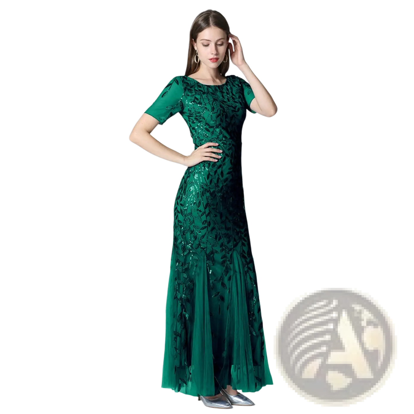 Embroidered Sequin Mermaid Evening Gown with Tulle Skirt