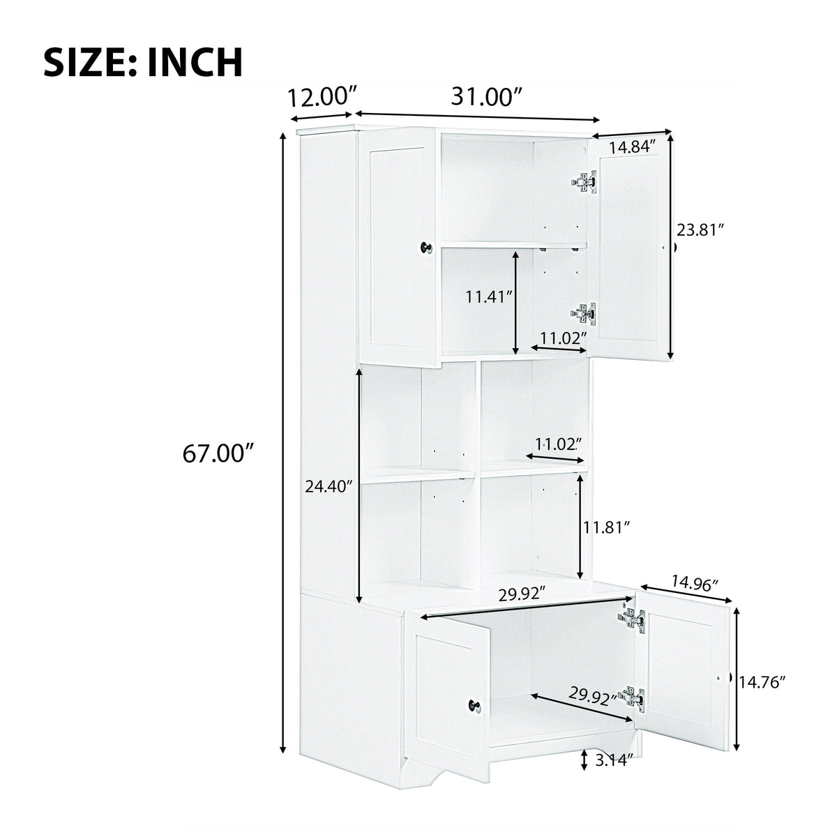 Bathroom storage cabinet, 4-door independent cabinet, adjustable shelf, open multi-layer shelf, white