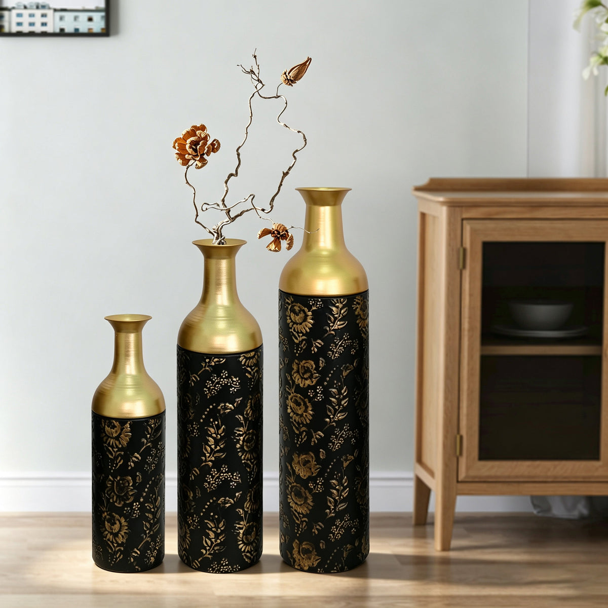 Decorative Metal Vases Set of 3, Leaf Pattern Floor Vases