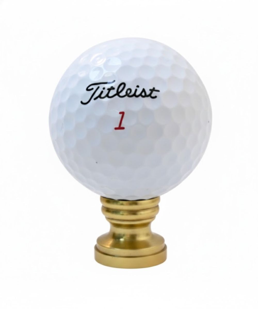 Golf Ball Lamp Finial, White, Polished Brass Base 2.25"h