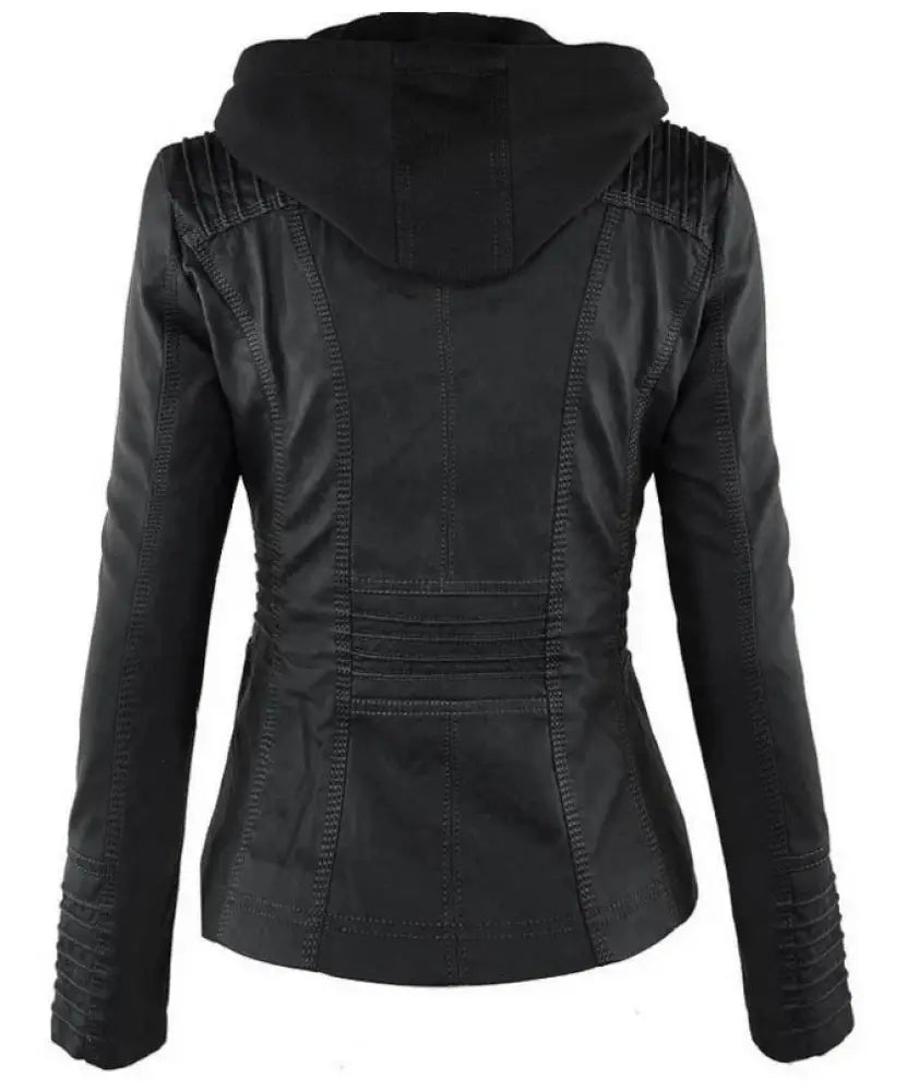 Women's Hooded Faux Leather Jacket with Detachable Hood