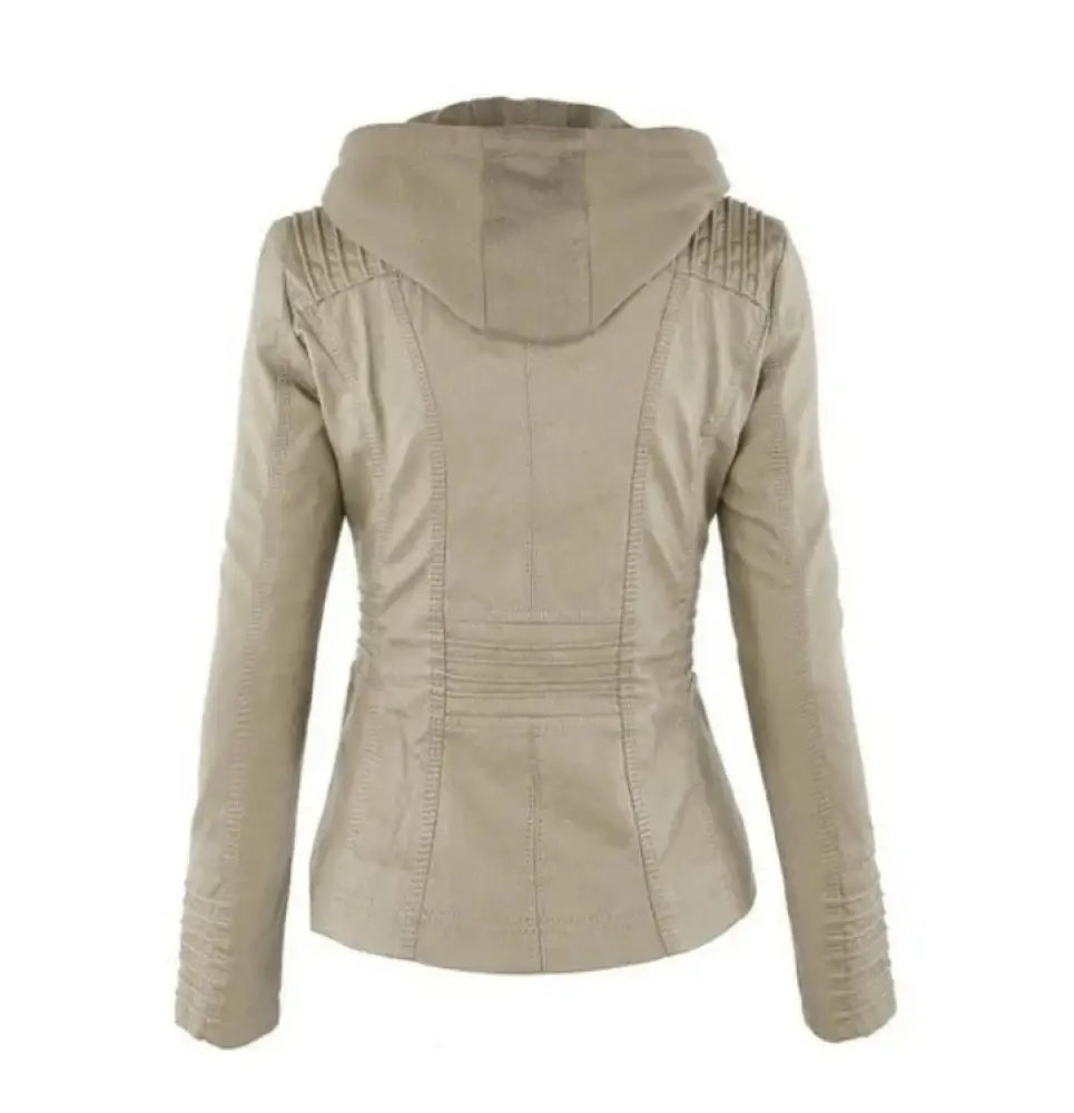 Women's Hooded Faux Leather Jacket with Detachable Hood