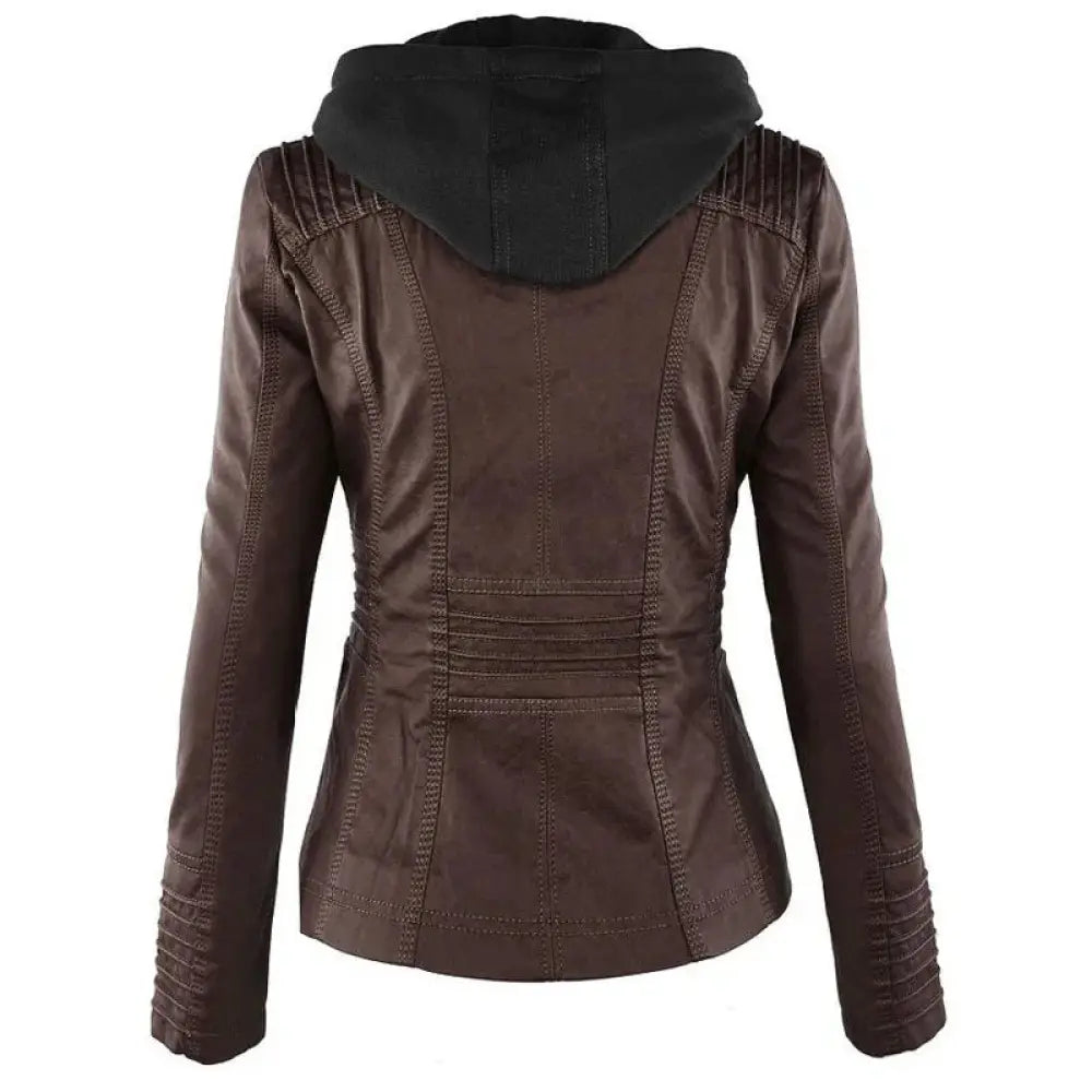 Women's Hooded Faux Leather Jacket with Detachable Hood