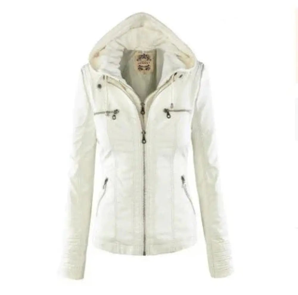 Women's Hooded Faux Leather Jacket with Detachable Hood