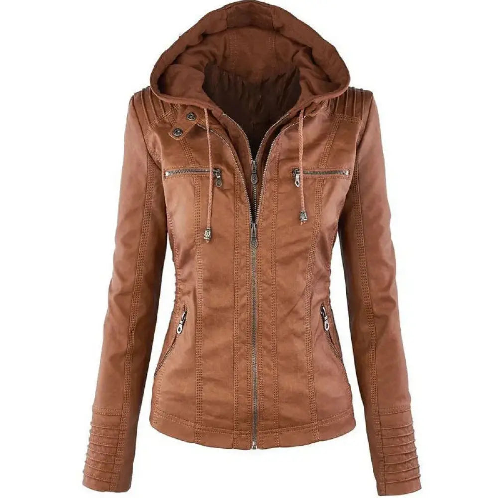 Women's Hooded Faux Leather Jacket with Detachable Hood