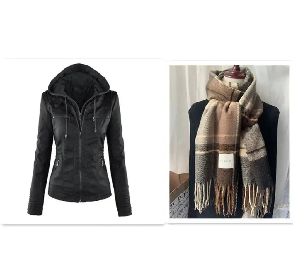 Women's Hooded Faux Leather Jacket with Detachable Hood
